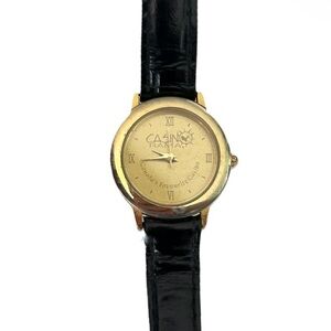 Vintage Casino Rama Genuine Leather Black Strap Watch Gold Tone Face Analog Rare